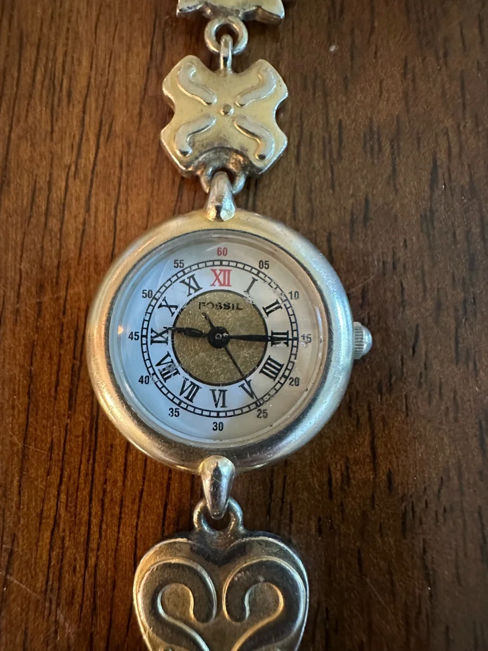 Vintage Fossil Heart & Motif Charm Bracelet Watch - Silver Tone